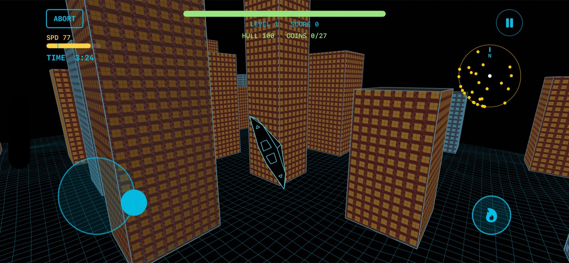 Flying through a neon wireframe city in Blitz City Flyer