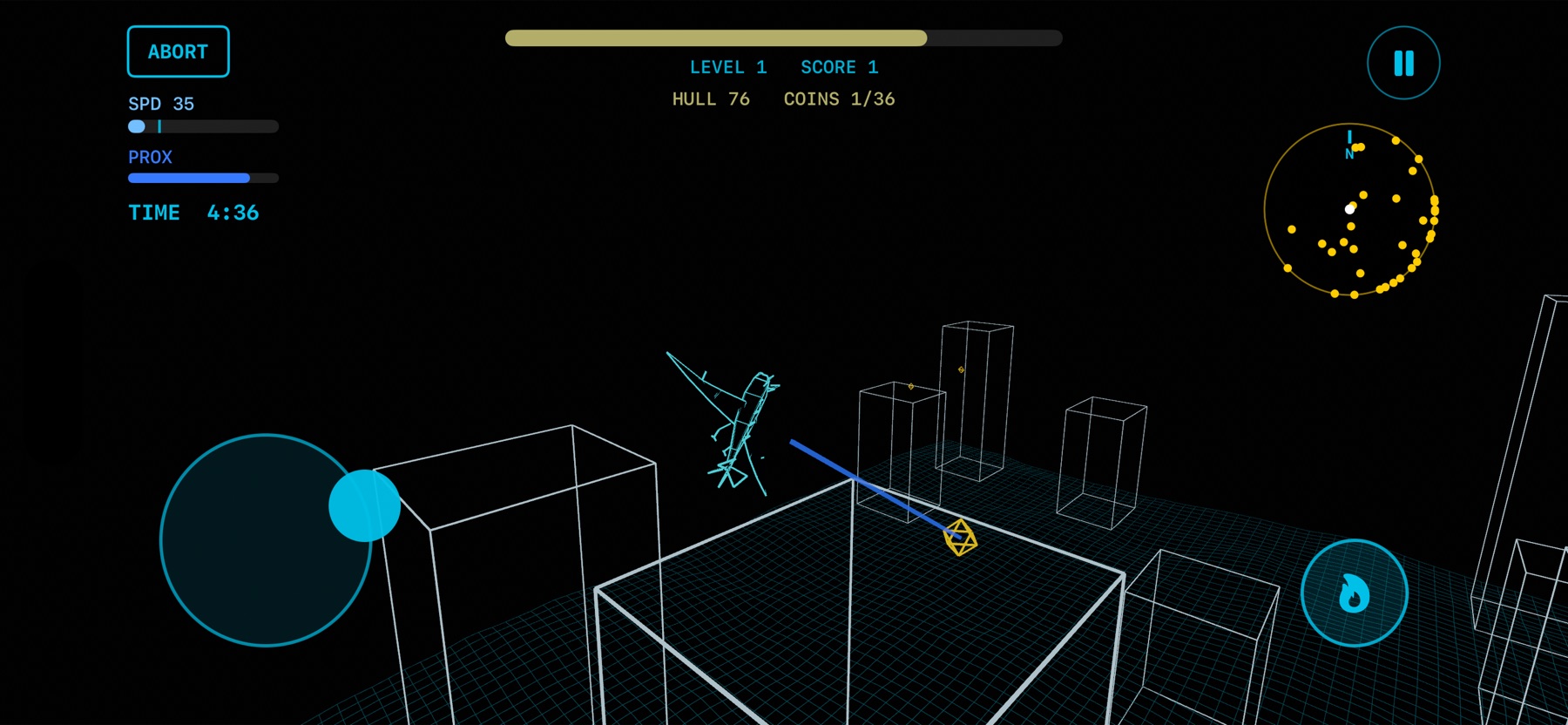 Wireframe craft chasing a coin through the grid city